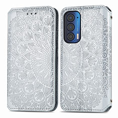 Leather Case Stands Fashionable Pattern Flip Cover Holder S01D for Motorola Moto Edge (2021) 5G Silver