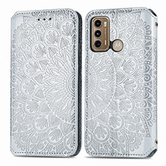 Leather Case Stands Fashionable Pattern Flip Cover Holder S01D for Motorola Moto G40 Fusion Silver
