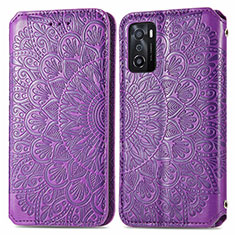Leather Case Stands Fashionable Pattern Flip Cover Holder S01D for Oppo A55S 5G Purple