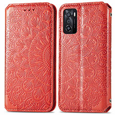 Leather Case Stands Fashionable Pattern Flip Cover Holder S01D for Oppo A55S 5G Red