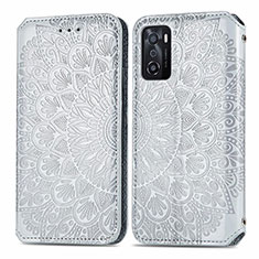 Leather Case Stands Fashionable Pattern Flip Cover Holder S01D for Oppo A55S 5G Silver