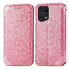 Leather Case Stands Fashionable Pattern Flip Cover Holder S01D for Oppo Find X5 Pro 5G Rose Gold