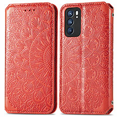 Leather Case Stands Fashionable Pattern Flip Cover Holder S01D for Oppo Reno6 5G Red