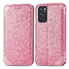 Leather Case Stands Fashionable Pattern Flip Cover Holder S01D for Oppo Reno6 5G Rose Gold
