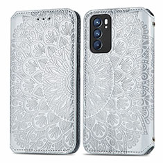 Leather Case Stands Fashionable Pattern Flip Cover Holder S01D for Oppo Reno6 5G Silver
