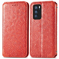 Leather Case Stands Fashionable Pattern Flip Cover Holder S01D for Oppo Reno6 Pro 5G India Red