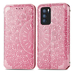 Leather Case Stands Fashionable Pattern Flip Cover Holder S01D for Oppo Reno6 Pro 5G India Rose Gold
