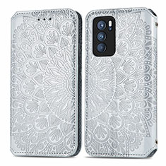 Leather Case Stands Fashionable Pattern Flip Cover Holder S01D for Oppo Reno6 Pro 5G India Silver