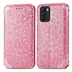 Leather Case Stands Fashionable Pattern Flip Cover Holder S01D for Oppo Reno6 Z 5G Rose Gold