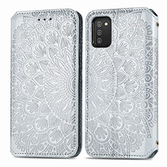 Leather Case Stands Fashionable Pattern Flip Cover Holder S01D for Samsung Galaxy A02s Silver