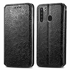 Leather Case Stands Fashionable Pattern Flip Cover Holder S01D for Samsung Galaxy A21 Black