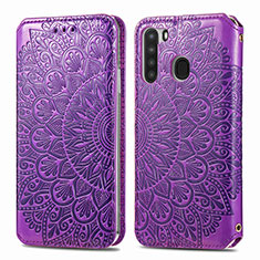 Leather Case Stands Fashionable Pattern Flip Cover Holder S01D for Samsung Galaxy A21 Purple