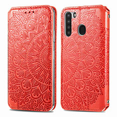 Leather Case Stands Fashionable Pattern Flip Cover Holder S01D for Samsung Galaxy A21 Red