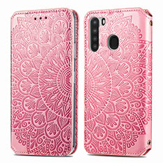 Leather Case Stands Fashionable Pattern Flip Cover Holder S01D for Samsung Galaxy A21 Rose Gold
