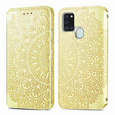Leather Case Stands Fashionable Pattern Flip Cover Holder S01D for Samsung Galaxy A21s Gold