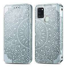 Leather Case Stands Fashionable Pattern Flip Cover Holder S01D for Samsung Galaxy A21s Silver