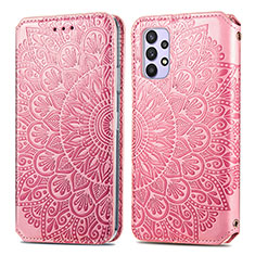 Leather Case Stands Fashionable Pattern Flip Cover Holder S01D for Samsung Galaxy M32 5G Rose Gold