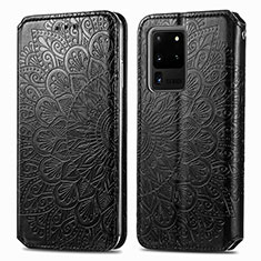 Leather Case Stands Fashionable Pattern Flip Cover Holder S01D for Samsung Galaxy S20 Ultra 5G Black