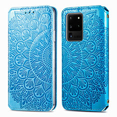 Leather Case Stands Fashionable Pattern Flip Cover Holder S01D for Samsung Galaxy S20 Ultra 5G Blue