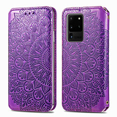 Leather Case Stands Fashionable Pattern Flip Cover Holder S01D for Samsung Galaxy S20 Ultra 5G Purple