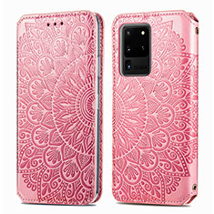 Leather Case Stands Fashionable Pattern Flip Cover Holder S01D for Samsung Galaxy S20 Ultra 5G Rose Gold