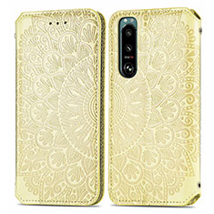 Leather Case Stands Fashionable Pattern Flip Cover Holder S01D for Sony Xperia 5 III Gold