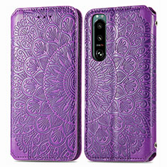 Leather Case Stands Fashionable Pattern Flip Cover Holder S01D for Sony Xperia 5 IV Purple