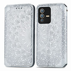 Leather Case Stands Fashionable Pattern Flip Cover Holder S01D for Vivo V23 Pro 5G Silver