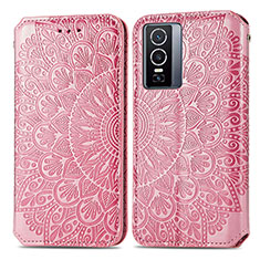 Leather Case Stands Fashionable Pattern Flip Cover Holder S01D for Vivo Y76 5G Rose Gold