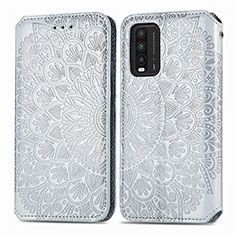 Leather Case Stands Fashionable Pattern Flip Cover Holder S01D for Xiaomi Redmi 9T 4G Silver