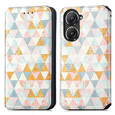 Leather Case Stands Fashionable Pattern Flip Cover Holder S02D for Asus Zenfone 9 White
