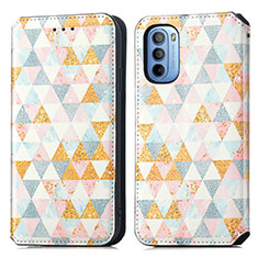 Leather Case Stands Fashionable Pattern Flip Cover Holder S02D for Motorola Moto G31 White