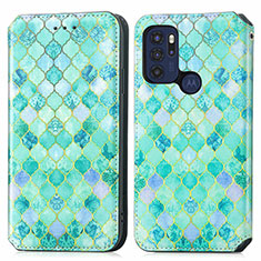 Leather Case Stands Fashionable Pattern Flip Cover Holder S02D for Motorola Moto G60s Green