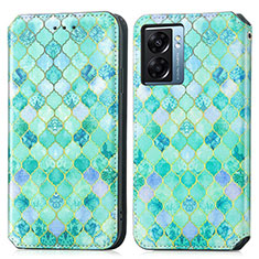 Leather Case Stands Fashionable Pattern Flip Cover Holder S02D for Oppo A57 5G Green