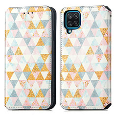 Leather Case Stands Fashionable Pattern Flip Cover Holder S02D for Samsung Galaxy F12 White