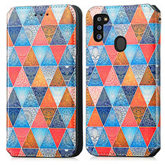 Leather Case Stands Fashionable Pattern Flip Cover Holder S02D for Samsung Galaxy M21 Brown