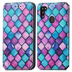 Leather Case Stands Fashionable Pattern Flip Cover Holder S02D for Samsung Galaxy M21 Purple