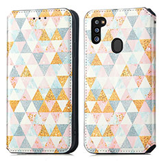 Leather Case Stands Fashionable Pattern Flip Cover Holder S02D for Samsung Galaxy M21 White