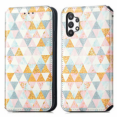 Leather Case Stands Fashionable Pattern Flip Cover Holder S02D for Samsung Galaxy M32 5G White