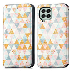 Leather Case Stands Fashionable Pattern Flip Cover Holder S02D for Samsung Galaxy M53 5G White