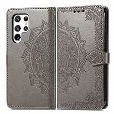 Leather Case Stands Fashionable Pattern Flip Cover Holder S02D for Samsung Galaxy S21 Ultra 5G Gray