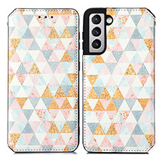 Leather Case Stands Fashionable Pattern Flip Cover Holder S02D for Samsung Galaxy S22 5G White