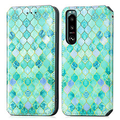 Leather Case Stands Fashionable Pattern Flip Cover Holder S02D for Sony Xperia 5 III Green