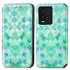 Leather Case Stands Fashionable Pattern Flip Cover Holder S02D for Vivo iQOO 10 5G Green