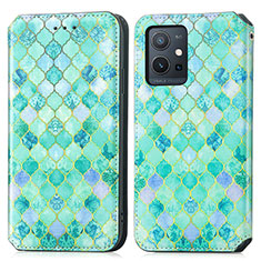 Leather Case Stands Fashionable Pattern Flip Cover Holder S02D for Vivo T1 5G India Green