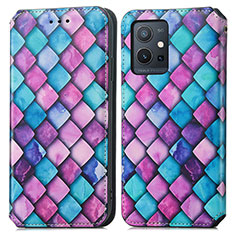 Leather Case Stands Fashionable Pattern Flip Cover Holder S02D for Vivo T1 5G India Purple