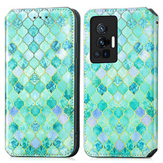 Leather Case Stands Fashionable Pattern Flip Cover Holder S02D for Vivo X70 Pro 5G Green