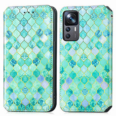 Leather Case Stands Fashionable Pattern Flip Cover Holder S02D for Xiaomi Mi 12T Pro 5G Green