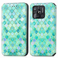 Leather Case Stands Fashionable Pattern Flip Cover Holder S02D for Xiaomi Redmi 10 Power Green