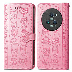 Leather Case Stands Fashionable Pattern Flip Cover Holder S03D for Huawei Honor Magic5 Pro 5G Pink
